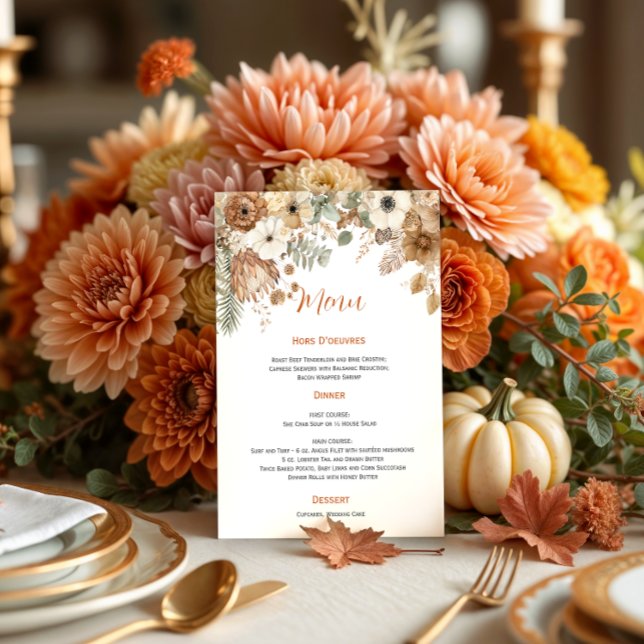 Convites Casamento de Flores Secas de Outono Boho | Menu (Criador carregado)