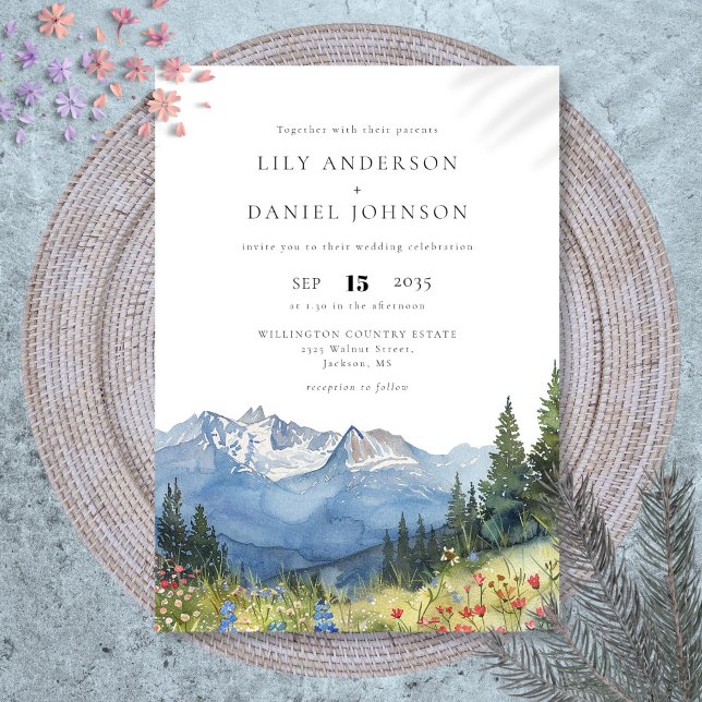 Convites Casamento de Flores Selvagem Moderna das Montanhas (Modern Watercolor Mountain Wildflower Wedding Invitation)