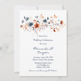 Convites Casamento de Flores Selvagens Azuis e Laranja