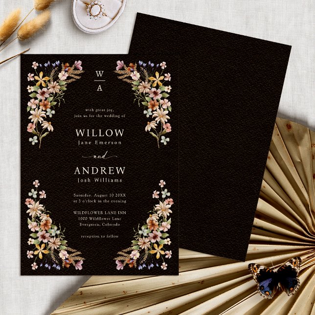 Convites Casamento de Flores Selvagens Boho Preto (Black Boho Wildflower Wedding Invitation Monogram by Painted Paperie
)