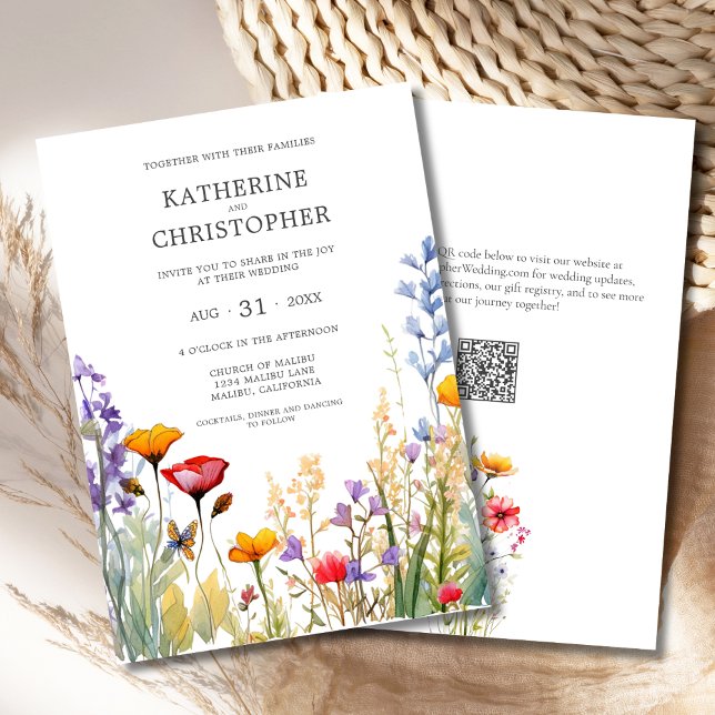 Convites Casamento de flores selvagens coloridas elegantes (Elegant Colorful Wildflowers Wedding Invitation with QR Code, Orange, Red, Purple Flowers.)