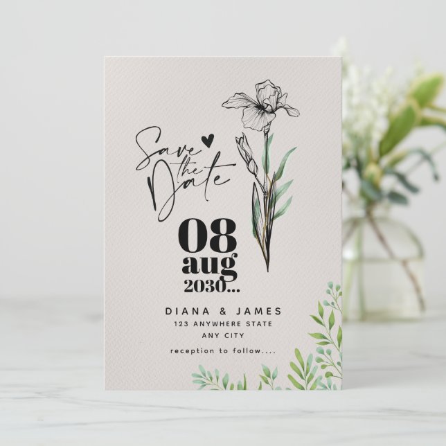 Convites Casamento de Flores Selvagens com Data de Salvamen (Em pé/Frente)