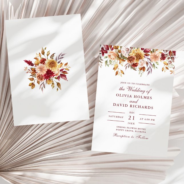 Convites Casamento de Flores Selvagens de Laranja Queimado  (Modern Burnt Orange Terracotta Wildflowers Wedding Invitation on a sunny neutral dry palm leaf.)
