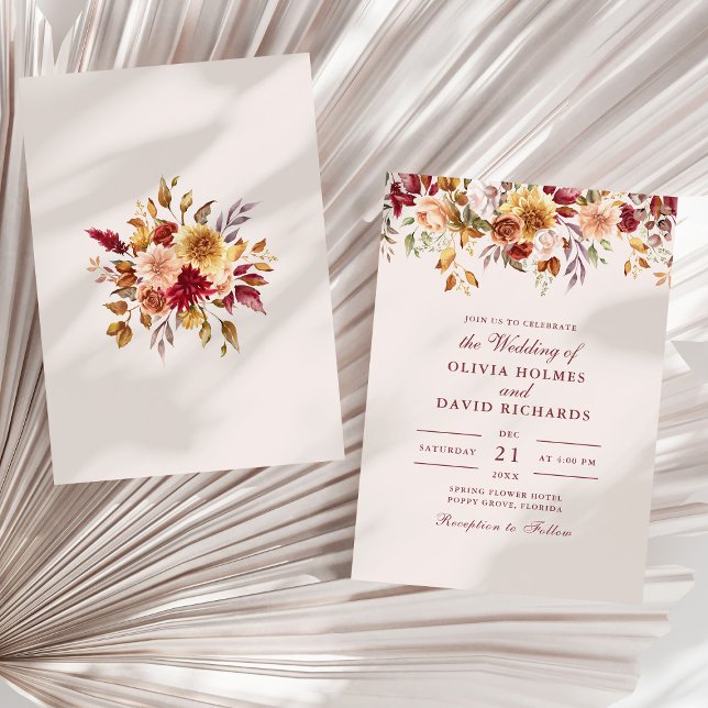 Convites Casamento de Flores Selvagens de Laranja Queimado  (Modern Burnt Orange Terracotta Wildflowers Wedding Invitation on a sunny white dry palm leaf.)