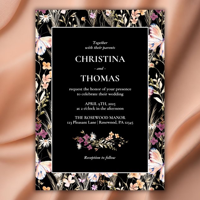 Convites Casamento de Flores Selvagens do Elegante Black Bo (Criador carregado)