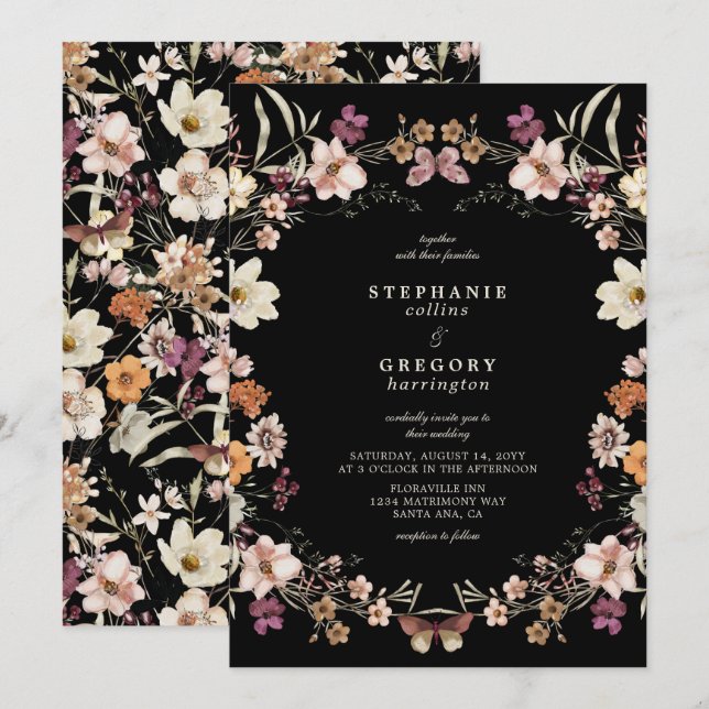Convites Casamento de Flores Selvagens Negras Elegantes (Frente/Verso)