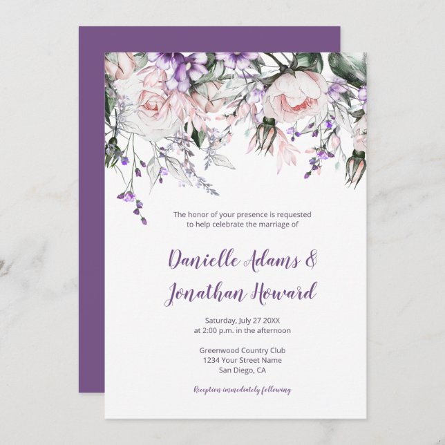 Convites Casamento de Flores Selvagens Púrpuras Roxas (Frente/Verso)