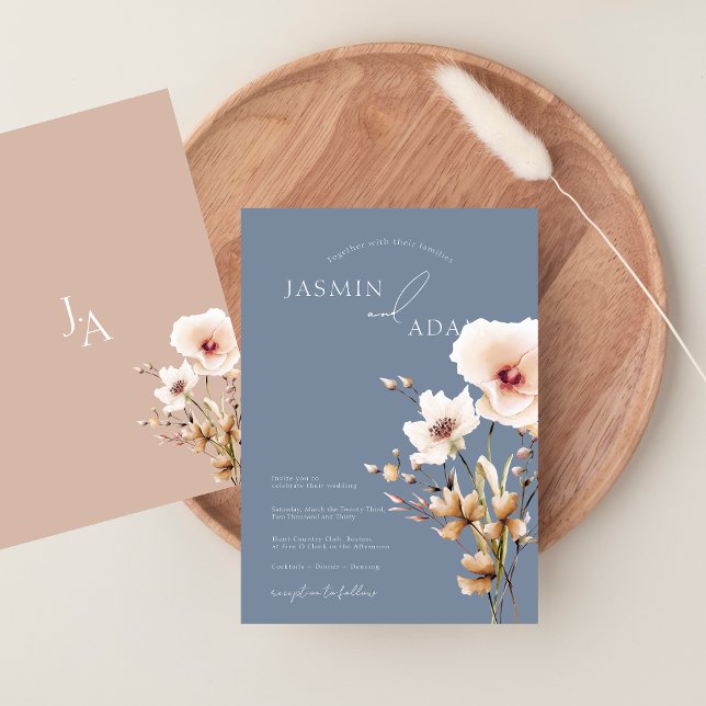 Convites Casamento de Flores Selvagens Rosa-Rosa Simples (Simple Dusty Blue Pink Wildflowers Wedding Invitation)