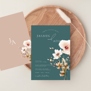 Convites Casamento de Flores Selvagens Rosa Verde Simples
