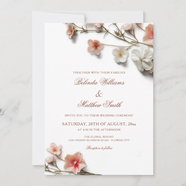 Convites Casamento de Flores Silvestres 3D Rosa Branco (Frente)