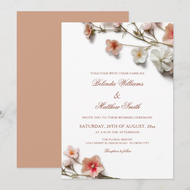 Convites Casamento de Flores Silvestres 3D Rosa Branco (Frente/Verso)