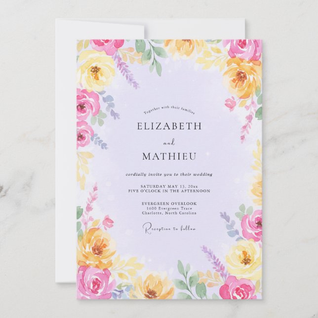 Convites Casamento de Flores Silvestres Amarelas e Fuchsias (Frente)