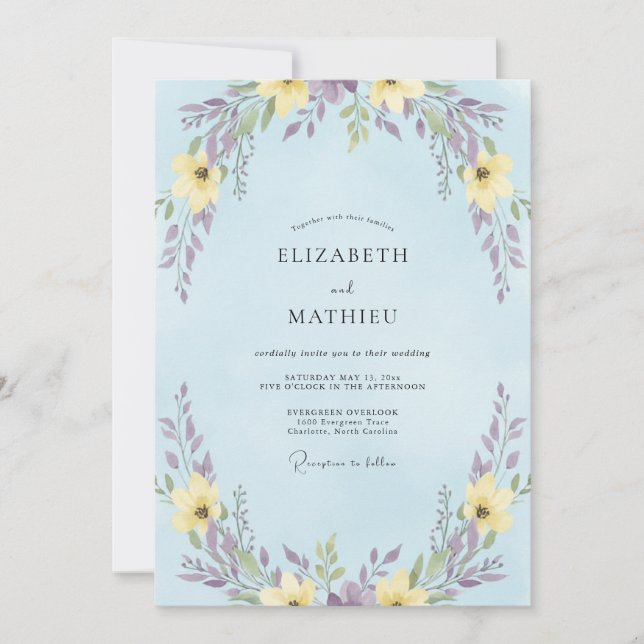 Convites Casamento de Flores Silvestres Amarelas Elegantes  (Frente)