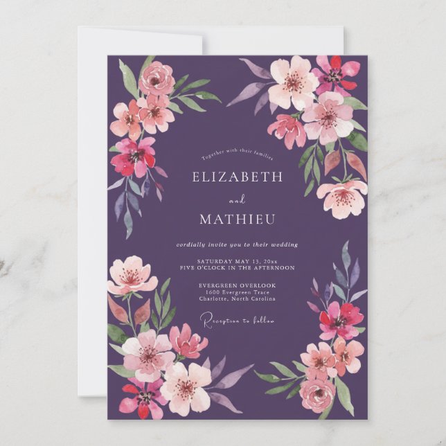 Convites Casamento de Flores Silvestres Ameixa e Pêssego (Frente)