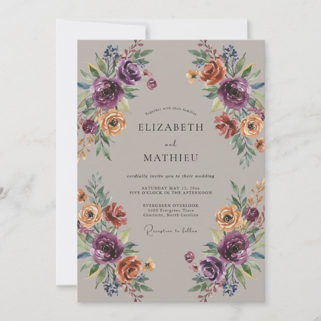 Convites Casamento de Flores Silvestres Ameixa Ocre (Frente)