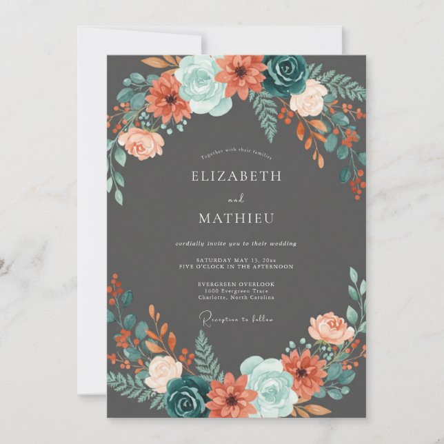Convites Casamento de Flores Silvestres Aqua Carvão (Frente)