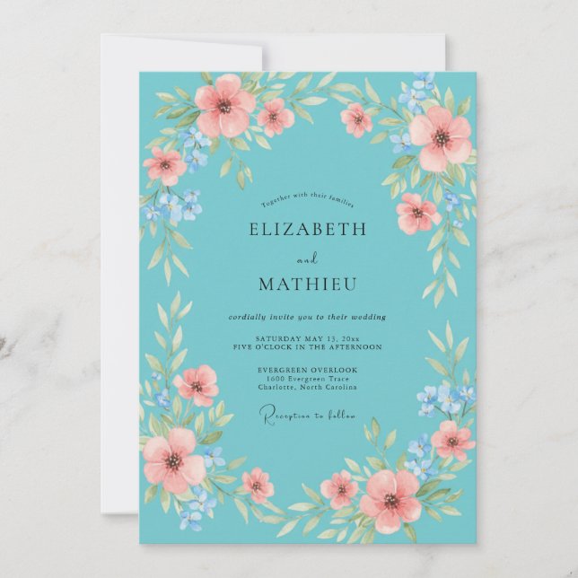 Convites Casamento de Flores Silvestres Aqua Coral (Frente)