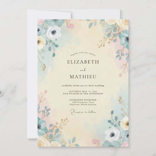 Convites Casamento de Flores Silvestres Aqua Cream (Frente)