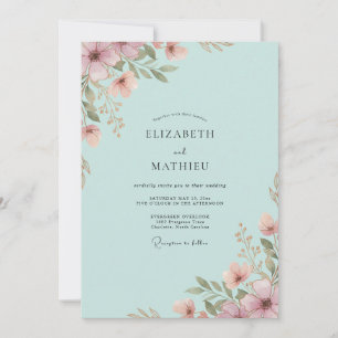 Convites Casamento de Flores Silvestres Aqua Rosa Malva