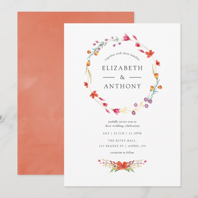 Convites Casamento de Flores Silvestres Aquarela (Frente/Verso)