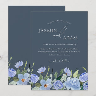 Convites Casamento de Flores Silvestres Azul Ardósia Elegan