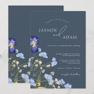 Convites Casamento de Flores Silvestres Azul Ardósia Elegan