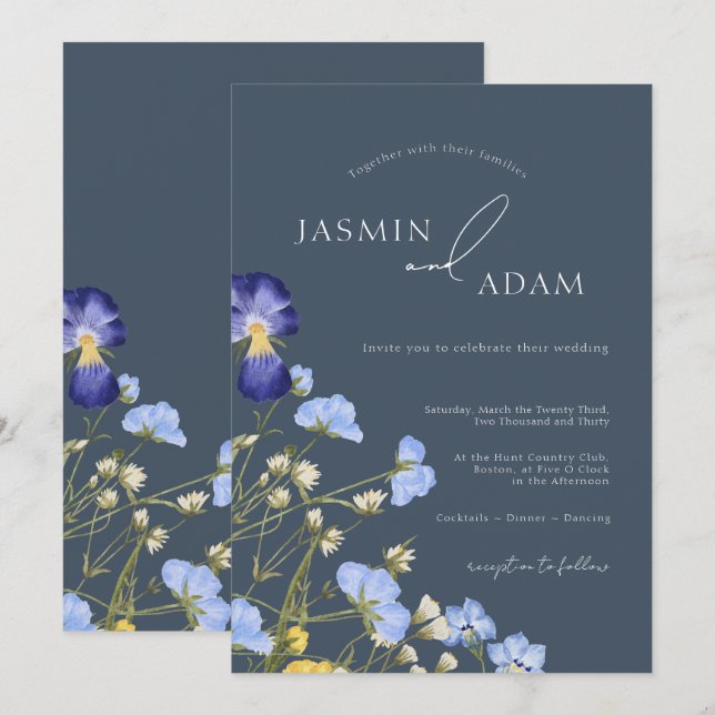 Convites Casamento de Flores Silvestres Azul Ardósia Elegan (Frente/Verso)