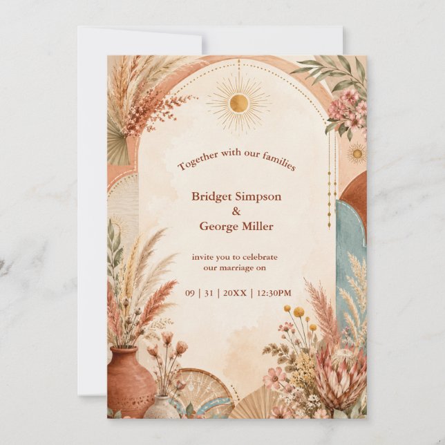 Convites Casamento de flores silvestres Boho Rústico Pampas (Frente)
