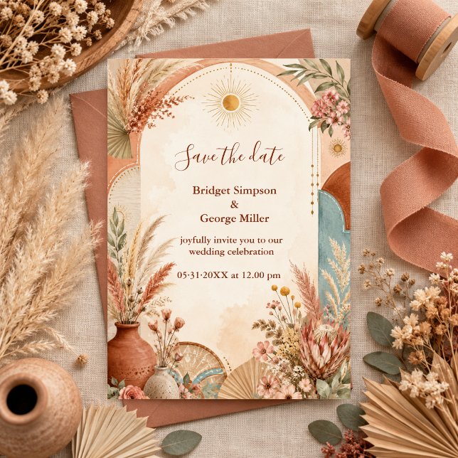 Convites Casamento de flores silvestres Boho Rústico Pampas (Criador carregado)