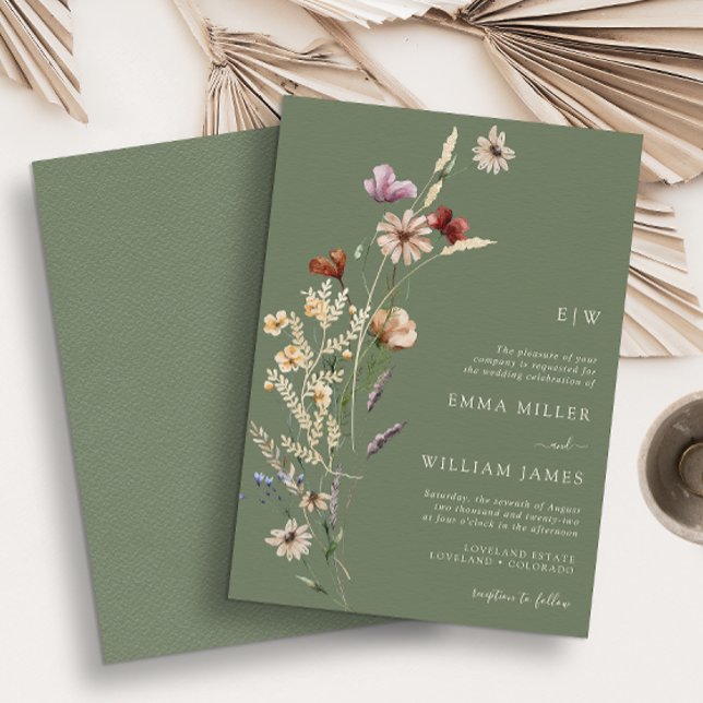 Convites Casamento de Flores Silvestres Boho Verdes (Green Boho Wildflowers Wedding Invitation
)