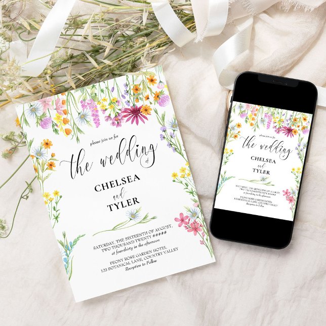 Convites Casamento de Flores Silvestres Bonitas Flores Silv (Floral wedding invitations with pretty wild flower design and elegant calligraphy)