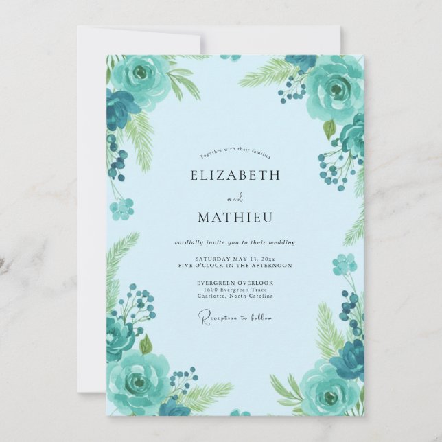 Convites Casamento de Flores Silvestres Céu Turquesa (Frente)