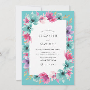 Convites Casamento de Flores Silvestres Ciano Magenta