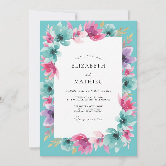 Convites Casamento de Flores Silvestres Ciano Magenta (Frente)