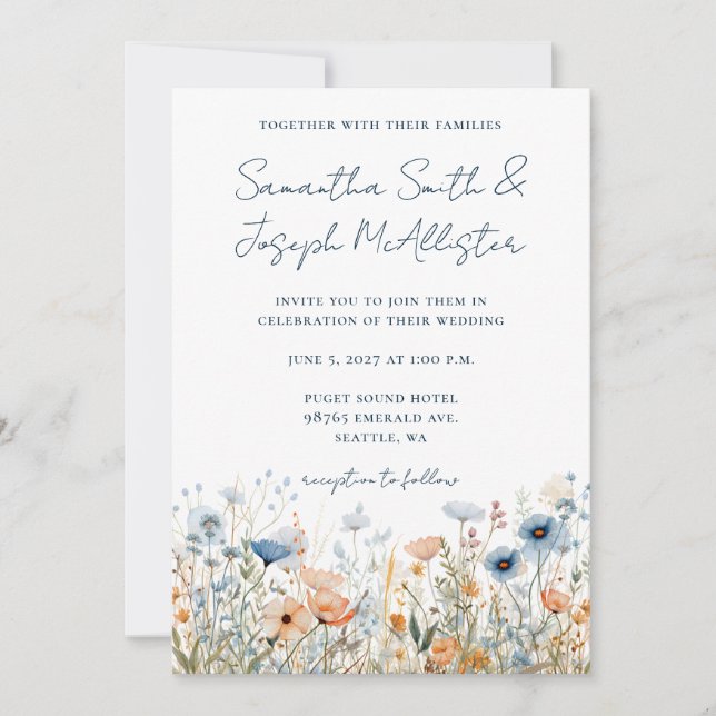 Convites Casamento de Flores Silvestres com Aquarela Azul E (Frente)