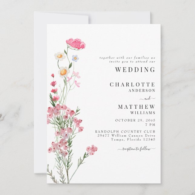 Convites Casamento de Flores Silvestres com Aquarela Rosa  (Frente)