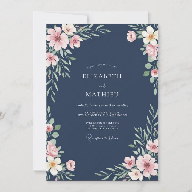 Convites Casamento de Flores Silvestres com Bege e Azul Aço (Frente)
