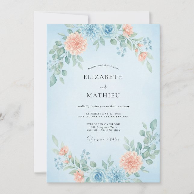 Convites Casamento de Flores Silvestres Coral Azure (Frente)