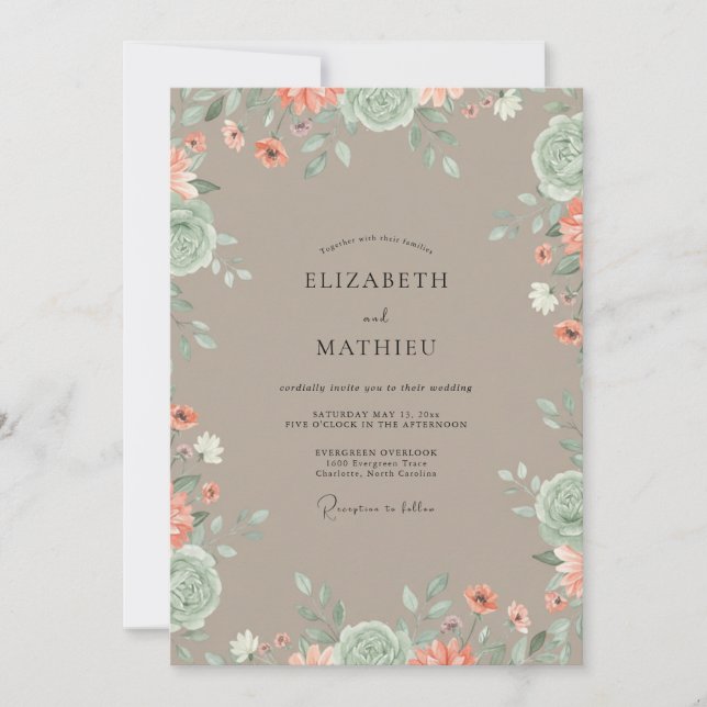 Convites Casamento de Flores Silvestres Coral Bege (Frente)