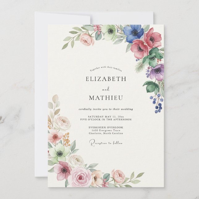 Convites Casamento de Flores Silvestres Coral Roxo (Frente)