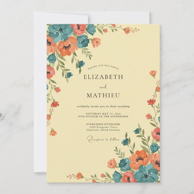 Convites Casamento de Flores Silvestres Coral Turquesa (Frente)