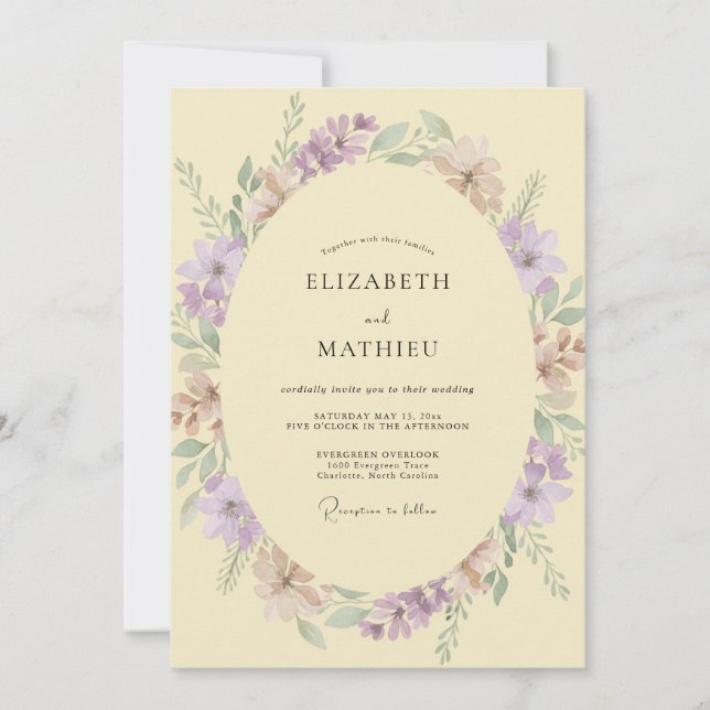 Convites Casamento de Flores Silvestres Creme Mauve (Frente)