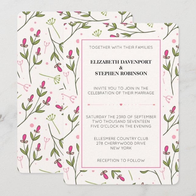 Convites Casamento de Flores Silvestres de Haste Longa Rosa (Frente/Verso)
