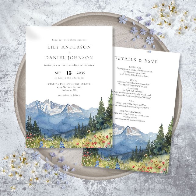 Convites Casamento de Flores Silvestres de Montanha em Aqua (Modern Watercolor Mountain Wildflower Wedding Invitation)