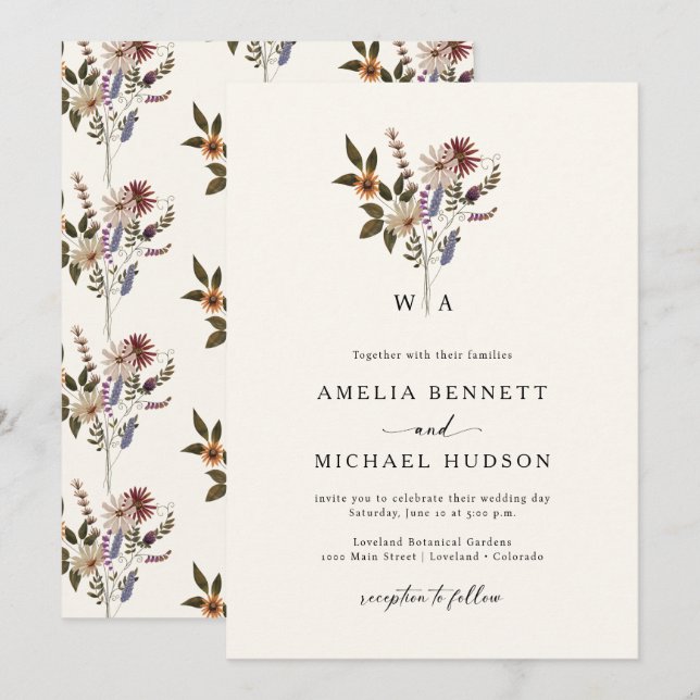 Convites Casamento de Flores Silvestres de Outono (Frente/Verso)