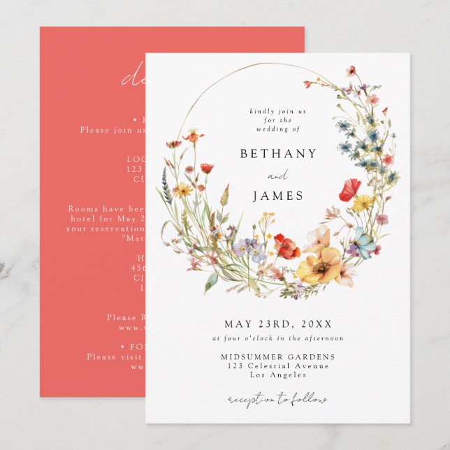 Convites Casamento de Flores Silvestres de Verão Tudo em Um (Frente/Verso)
