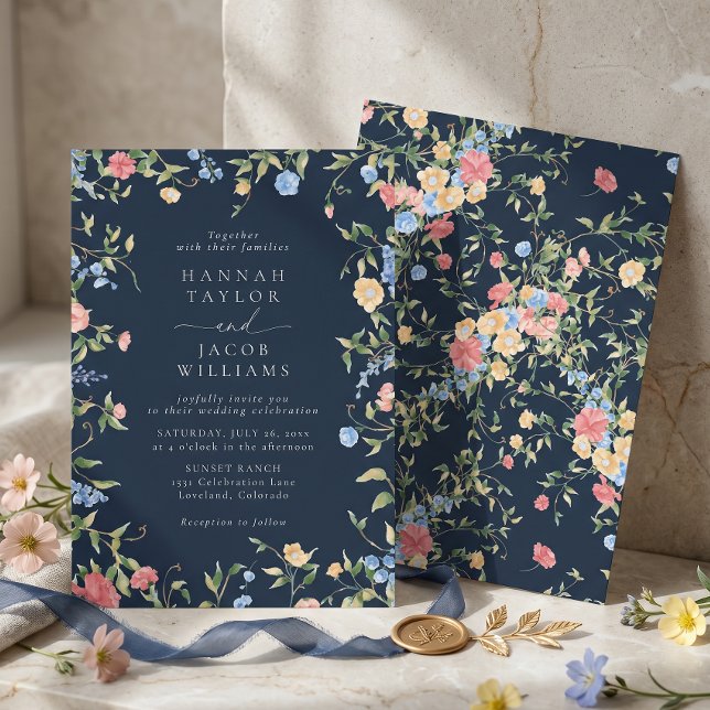 Convites Casamento de Flores Silvestres Delicadas Boho Azul (Criador carregado)