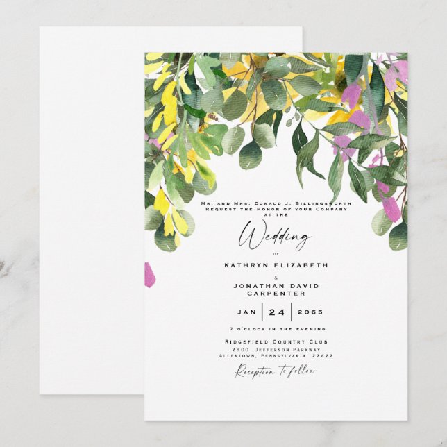 Convites Casamento de Flores Silvestres e Verdura Exuberant (Frente/Verso)