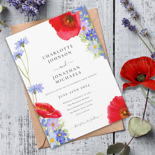 Convites Casamento de Flores Silvestres Elegantes Modernas  (Colorful wildflower boho chic wedding invitation )