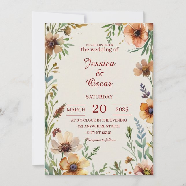Convites Casamento de Flores Silvestres em Aquarela Inspira (Frente)